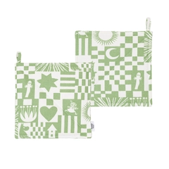 Pot holder set Party green - Bring summer into the kitchen! The Party collection’s playful patterns are closely based on early Moomin patterns from the 1950s with many fun elements.